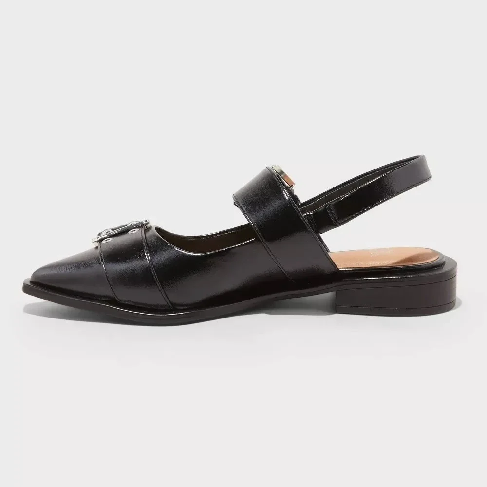 Wild Fable Peyton Black Slingback Flats Double Buckle Pointed Toe Size 6 NEW‎